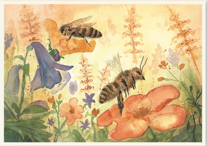 Wenskaart Bijen in bloemenweide