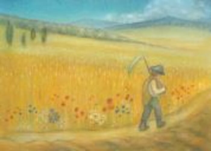Cartolina agosto Campo di grano con contadino