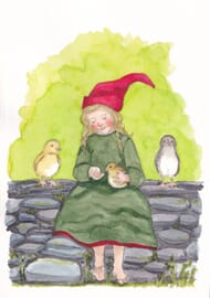 Postkarte Zwergenkind mit Vögeln