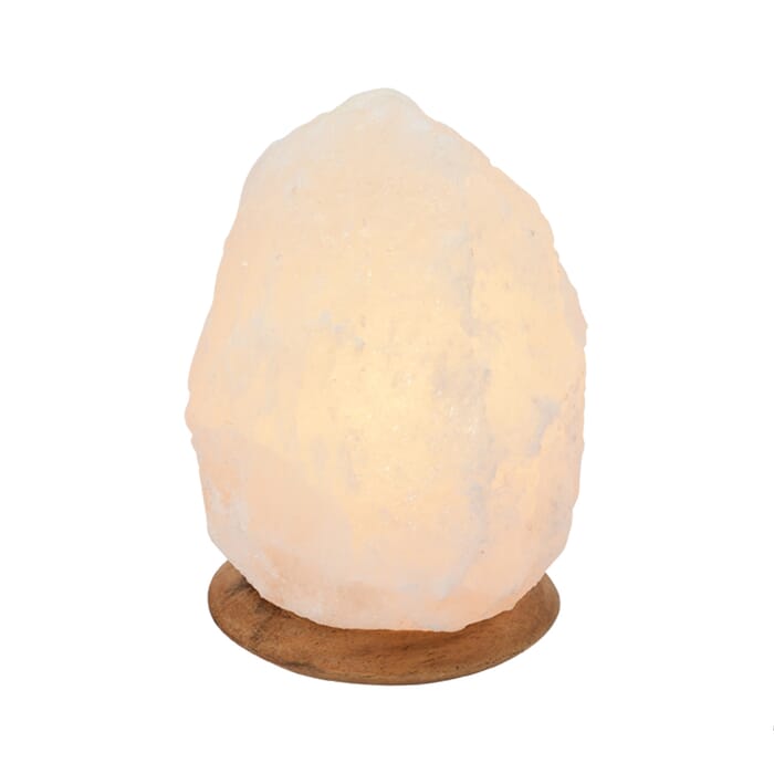 Verlicht zoutkristal, wit, met houten basis