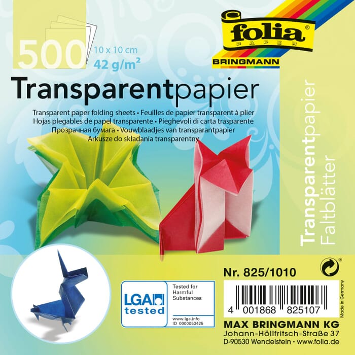 Dépliants en papier transparent 500 feuilles, couleurs assorties
 15 x 15 cm