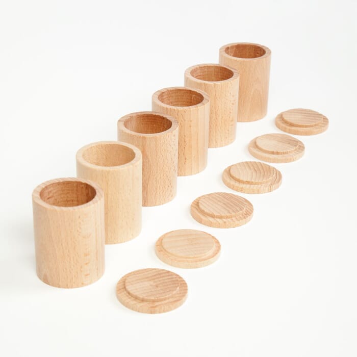 Grapat houten speelgoed 6 kopjes met deksel, naturel