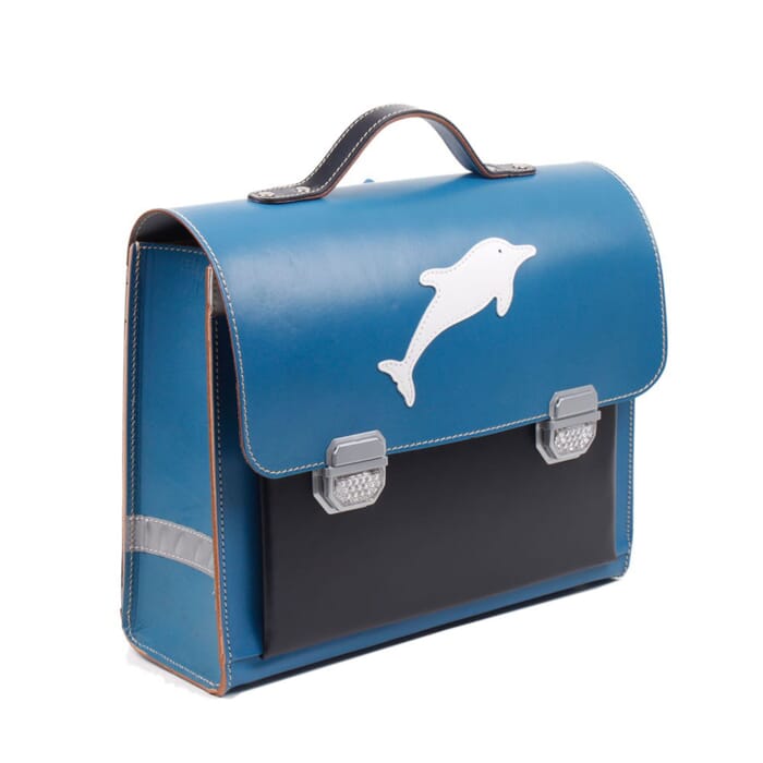 Leather Satchel, Blue with Dolphin