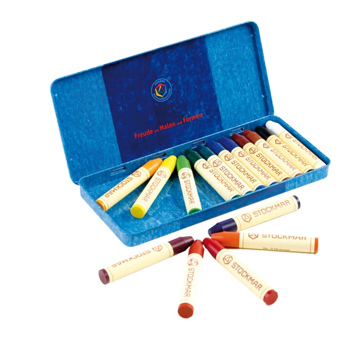 Wax crayons, 16 colours in a tin case 