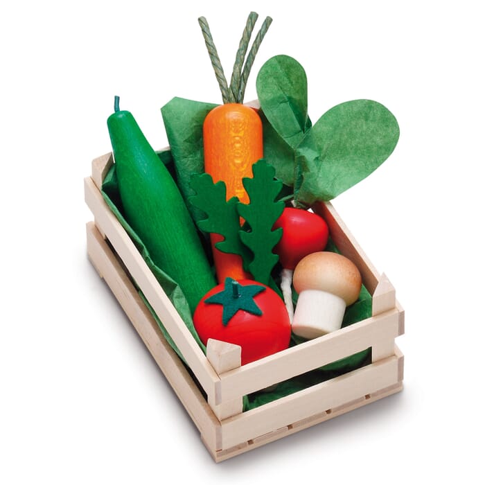 Houten groenten in kistje